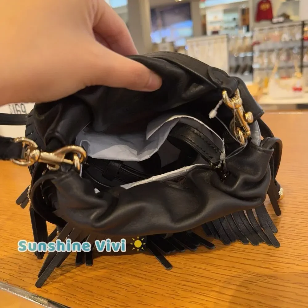 NWT Coach Faye Mini Leather Drawstring Crossbody Bag with Fringe Black CFP27